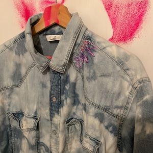 Radical Upcycled Y2K denim boyfriend shirt hand embroidered and bleach dyed